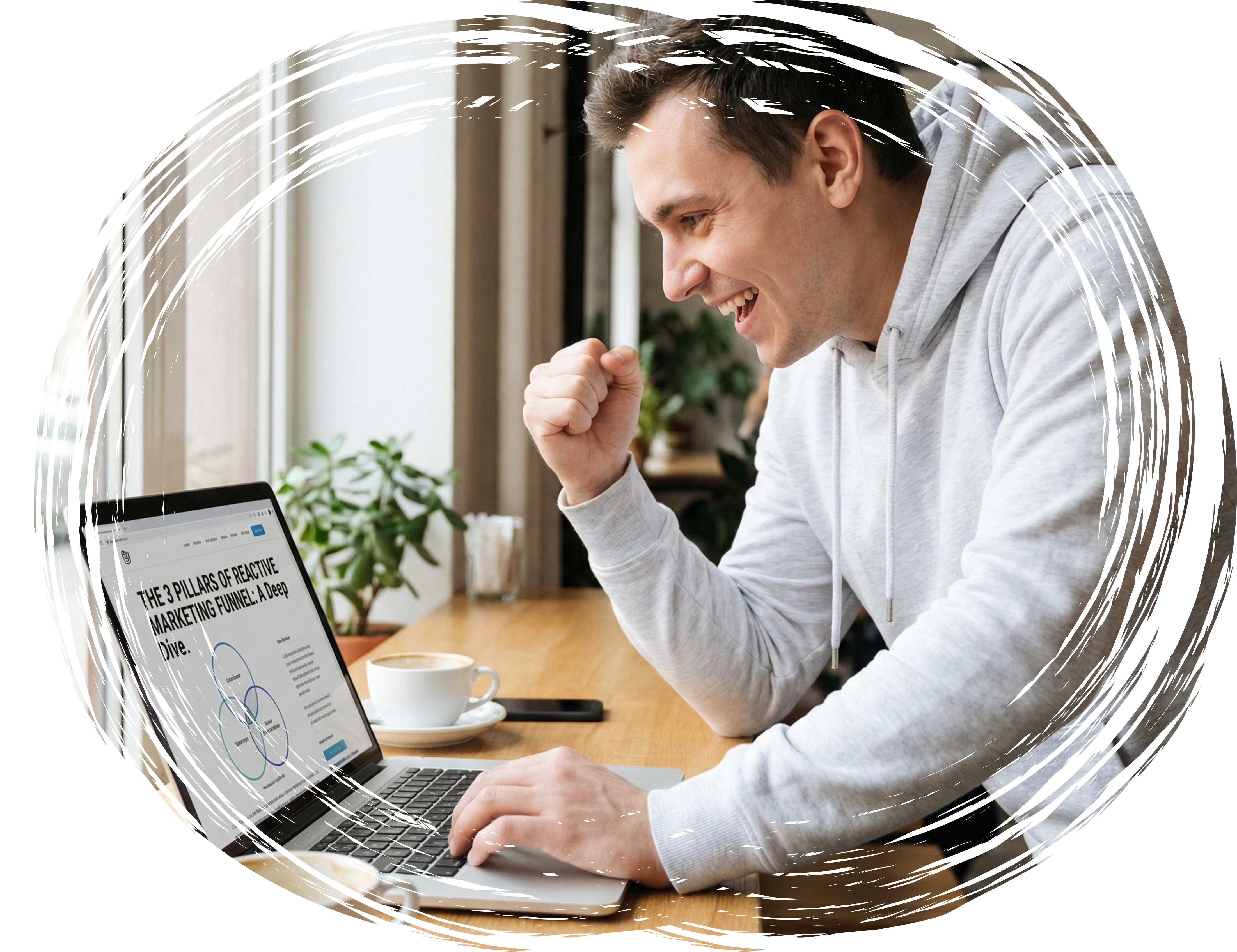 Content marketer reviewing a reactive marketing funnel diagram on a laptop while working at a desk