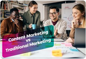 A team of marketers collaborating around a table, discussing content strategy and digital marketing ideas in a modern office