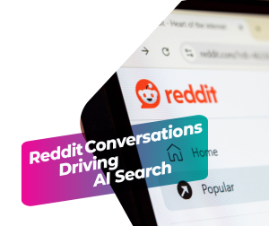 Reddit website on screen with text about conversations driving AI search