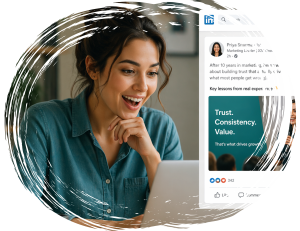 Woman smiling while viewing engaging content on laptop with LinkedIn post visible on screen