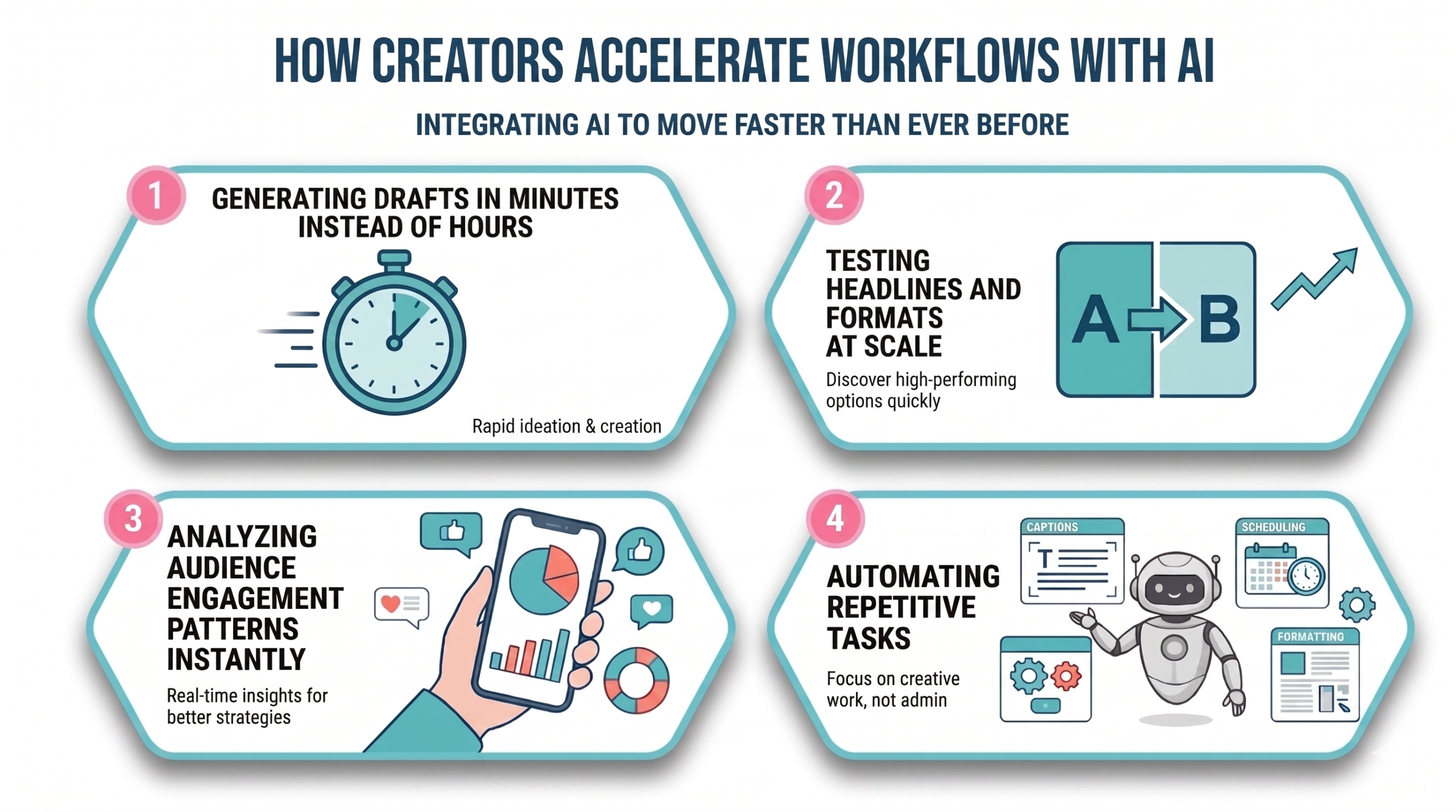 Infographic titled "How Creators Accelerate Workflows with AI" featuring four key points: rapid drafting, testing headlines at scale, analyzing engagement patterns, and automating repetitive tasks.