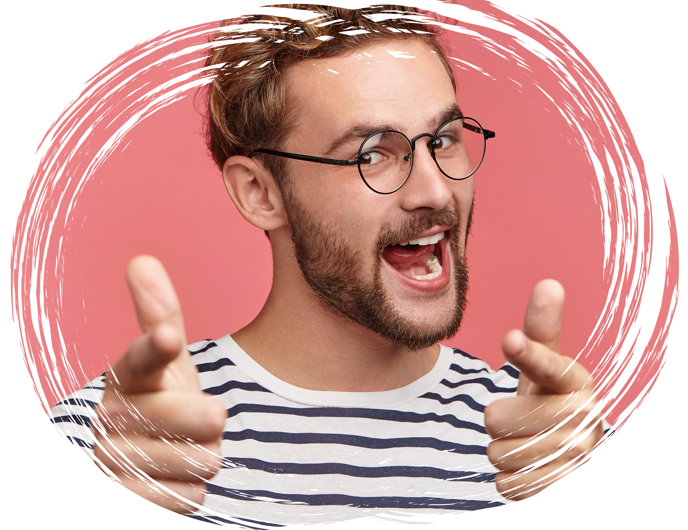 A high-energy, smiling young man with glasses pointing toward the camera, framed within a stylistic circular black brush-stroke border on a pink background.