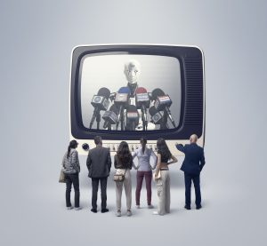 Vintage TV shows robots at a press conference discussing ai misinformation