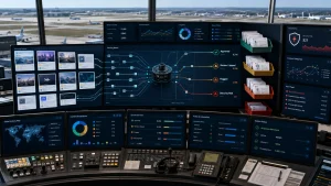 AI content moderation dashboard in an airport-style control tower, routing social posts through approved, flagged, appealed, and security-risk queues.