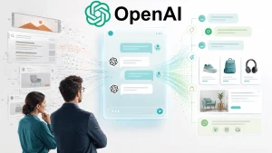 Marketers reviewing an AI conversation interface with contextual ad recommendations and digital marketing signals