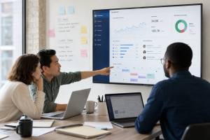 Marketing team reviewing a reactive marketing platform dashboard with social media analytics, sentiment data, and a content calendar.