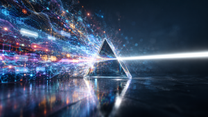 Abstract data streams passing through a prism, representing social listening signals being filtered into focused reactive marketing content.