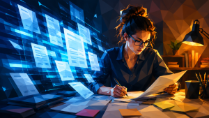 Low-poly illustration of a marketer editing AI-generated drafts in a blue and amber workspace.