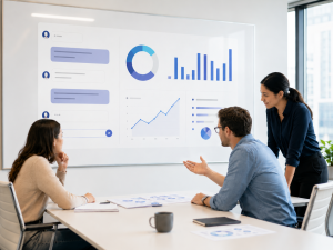 Business team discusses AI-driven advertising insights in a modern conference room.