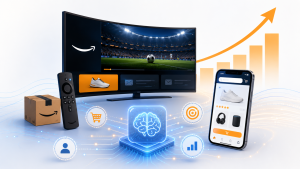 Amazon advertising ecosystem connecting Prime Video, ecommerce data, AI targeting, and revenue growth