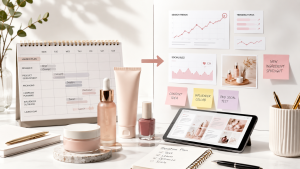 Workspace showing a marketing launch plan with skincare products and digital trends analysis.