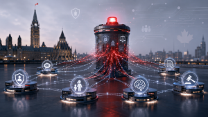 Canadian digital governance network showing one central regulator connected to specialized privacy, AI, child safety, and enforcement agencies.