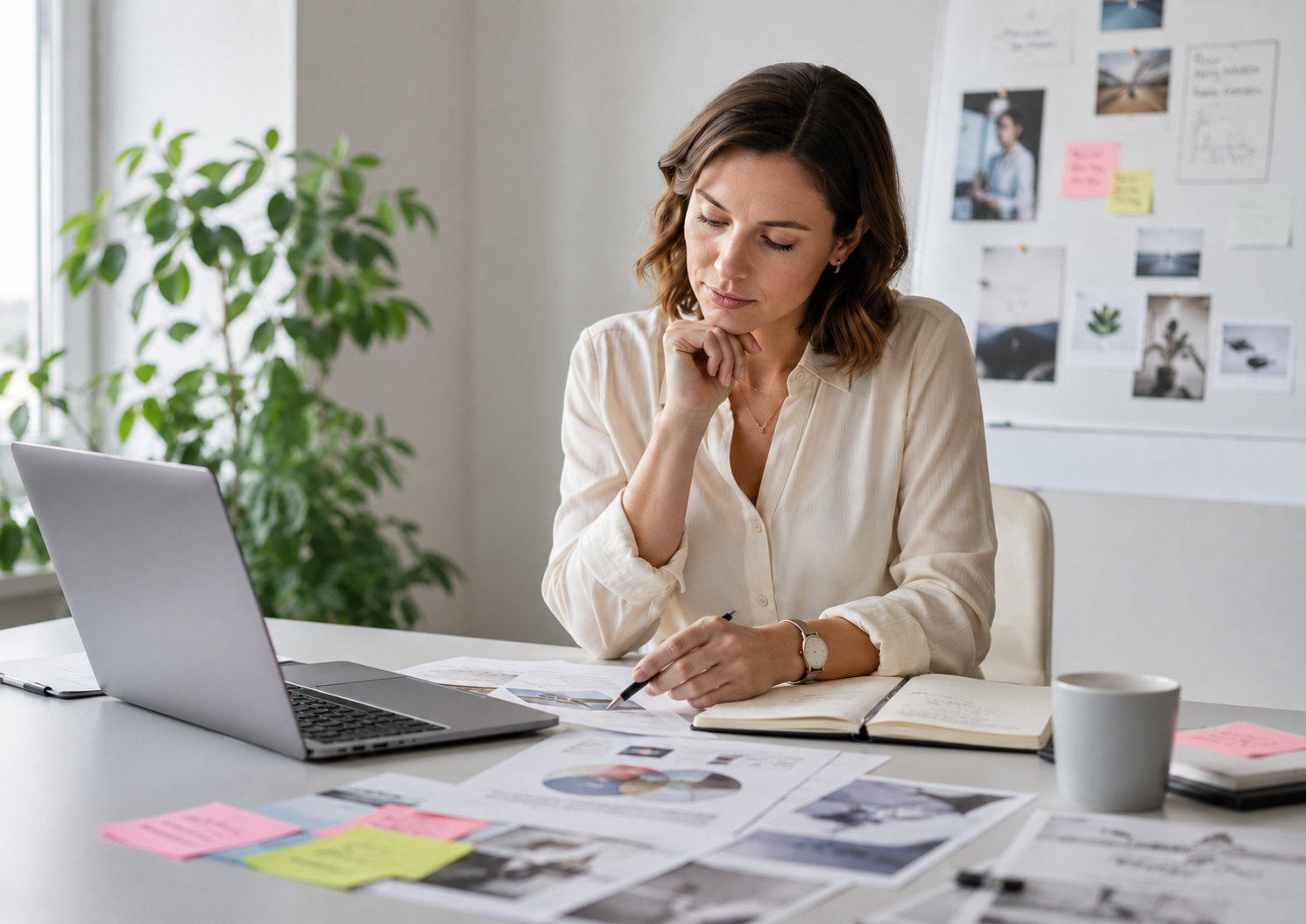 Human Judgment in AI Marketing Automation Marketing professional using human judgment to review AI-generated analytics and campaign materials