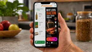 Hand holding a smartphone showing an Instacart-style grocery app split with a clean shopping cart interface and a TikTok-like bacon ad feed with a Shop Now button.