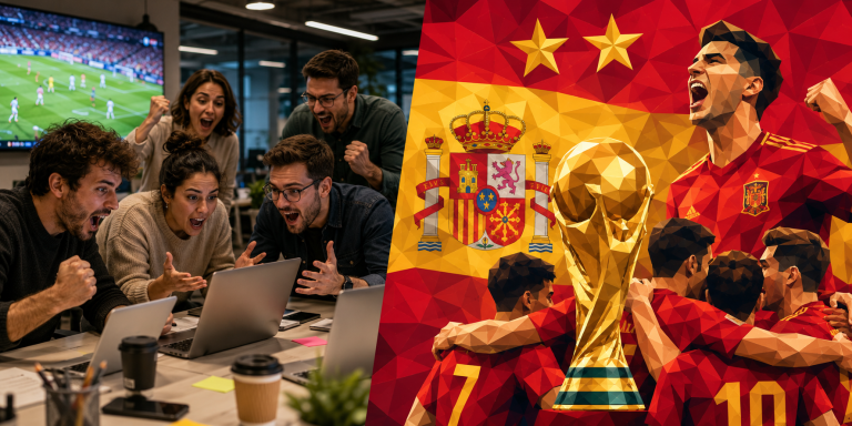 Marketing team reacts to Spain's second World Cup victory as the national team celebrates with the trophy.