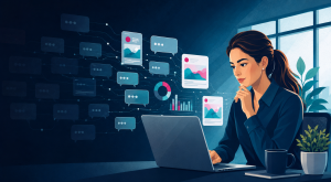 Woman analyzing digital ads and data analytics for AI advertising strategies
