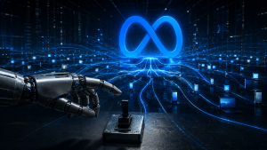 Robotic hand reaching toward a control switch beneath Meta's logo and a network of connected devices.