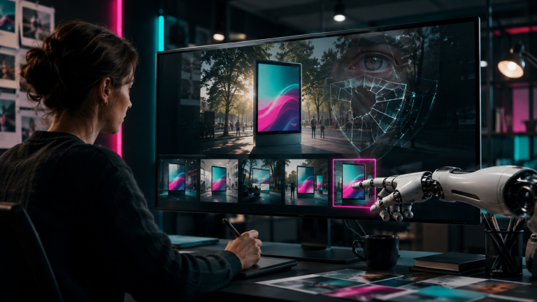 Human designer reviewing AI-generated advertising concepts as a robotic hand selects an ad beside a fractured trust symbol.