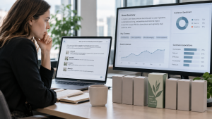 Marketing professional reviewing how AI systems summarize and represent competing brands