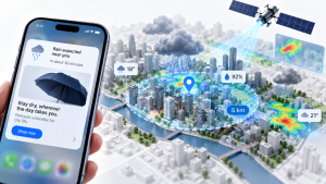 Smartphone showing a rain-triggered umbrella ad beside a hyper-local AI weather forecast over a city
