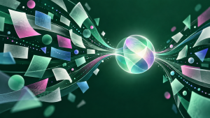 Abstract teal, magenta and purple information fragments flowing together into one luminous, complete form.