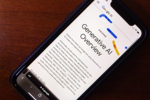 Smartphone displaying Google's page on generative AI and its user experiences.