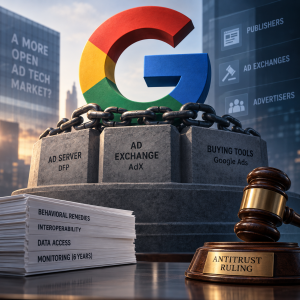 Google ad tech antitrust remedies represented by the Google logo, ad tech infrastructure, chains, and a judge's gavel