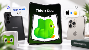 Foldable screen showing Duolingo's "This is Duo" image, flanked by Samsung and Apple phones in a featured image about reactive marketing and brand voice.