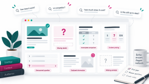 Digital mock-up showcasing content gaps like unclear pricing in a content gap strategy.