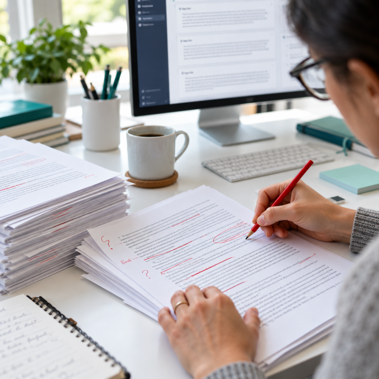 Editor marking corrections on a printed draft beside a stack of documents and an AI writing interface.